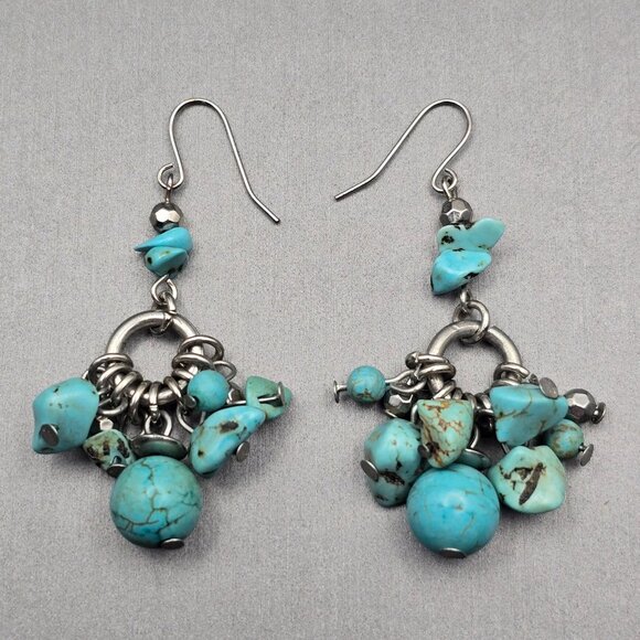 Unbranded Jewelry - Chunky Dyed Howlite Dangle Earrings 2" Silver Tone Boho Cluster Southwestern